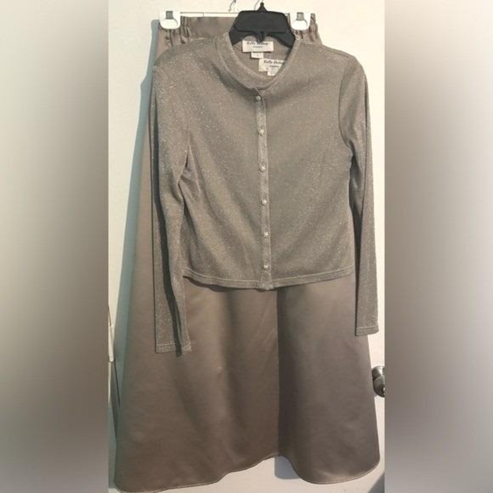 90s Vintage Kelly Bishop Womens Sz 8 3pc Champagne CropTop Set Maxi Skirt Matte